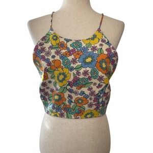 Zara Floral Print Crop Top Sleeveless Tie Back Colorful Summer Retro Size L